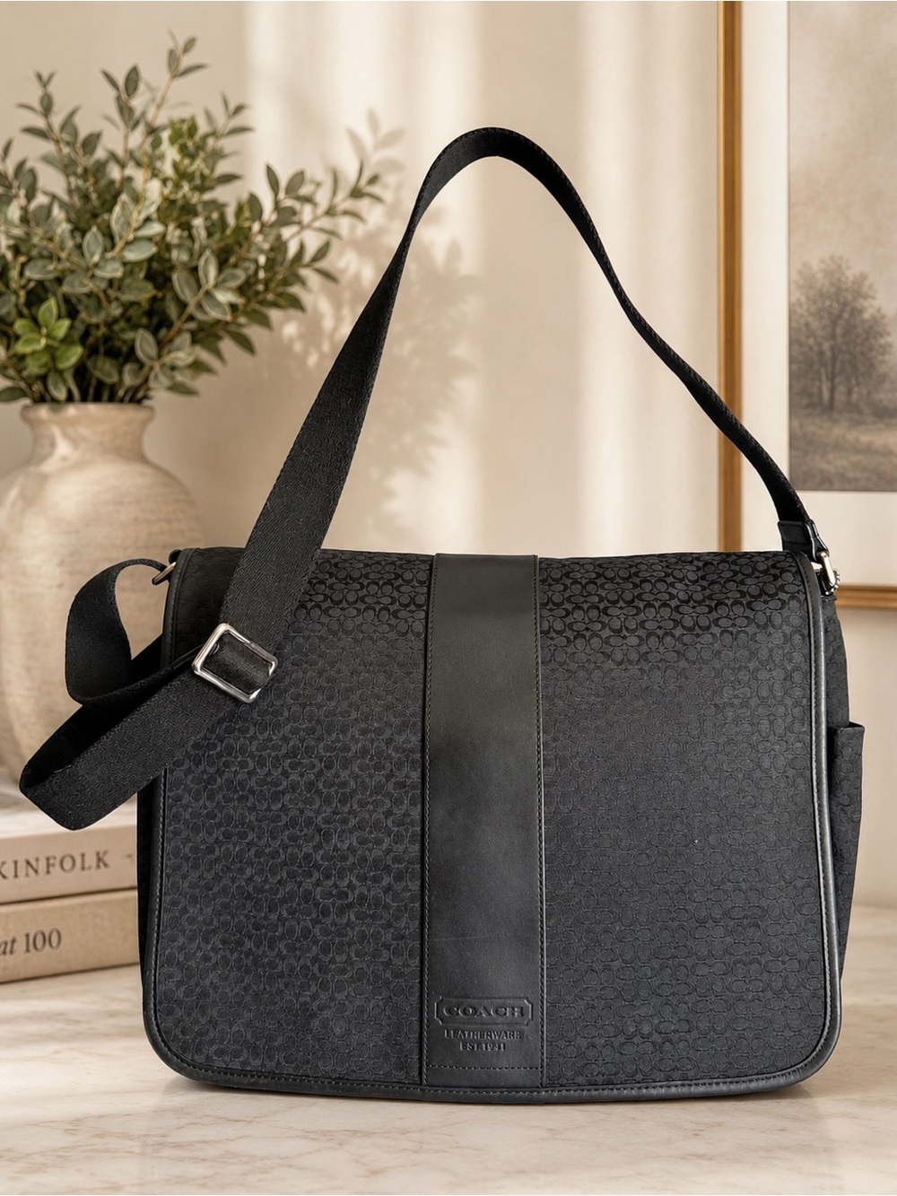 Coach Black Signature Canvas Messenger Bag with Leather Trim